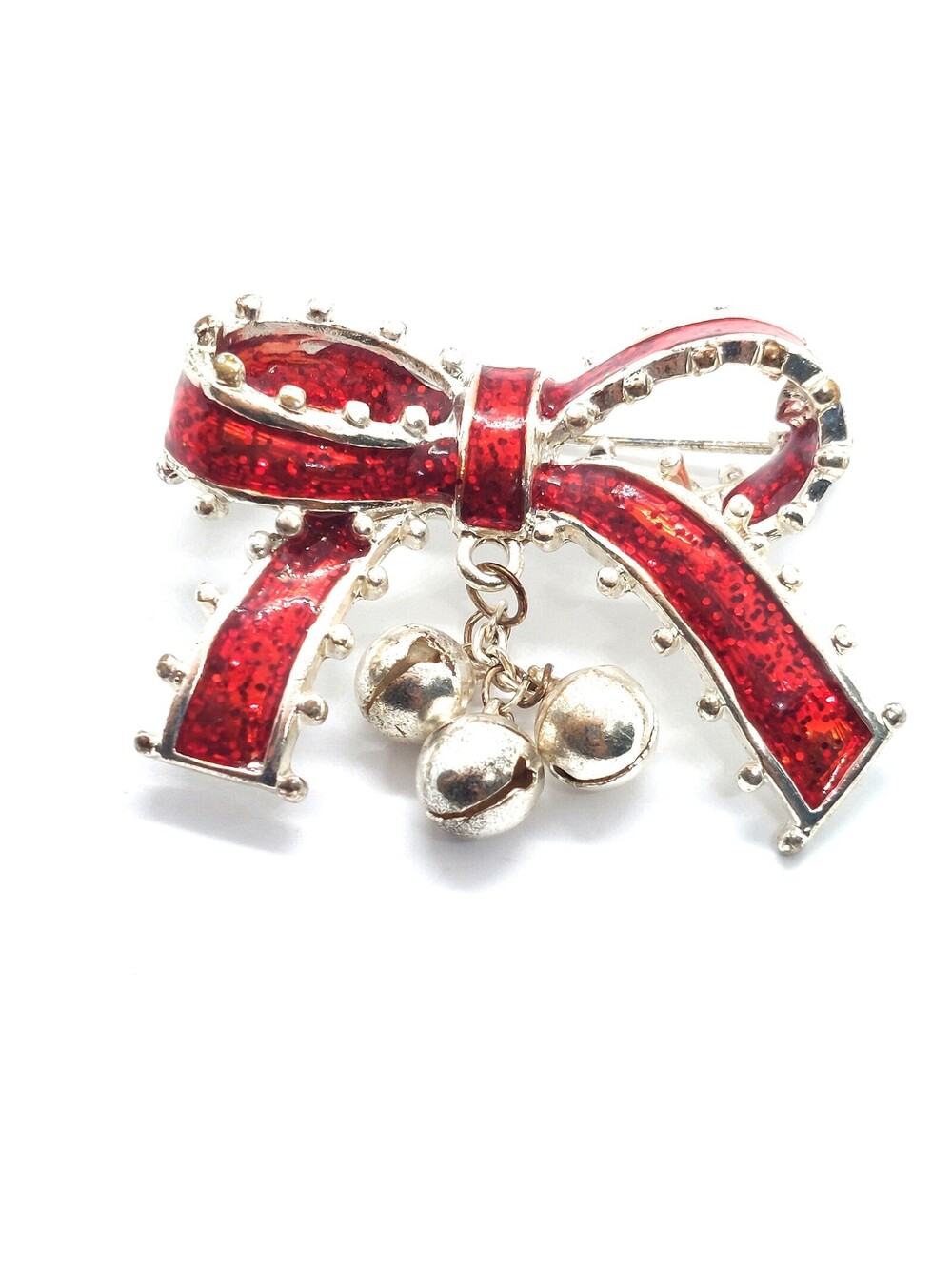 Vintage Red Glitter Bow Brooch Pin Christmas Jingle Bells Holiday Ribbon